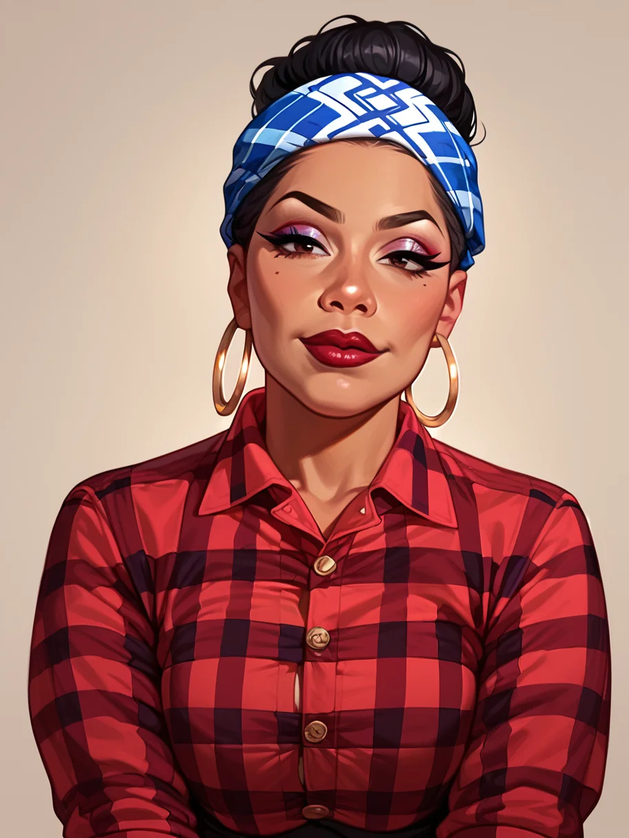 score_9, score_8_up, score_7_up, rating_questionable, zPDXL, 2d source_cartoon, (adult:1.2), facing the viewer, smug, horny, solo 1girl
<lora:Expressive_H:1>
<lora:Chicana:.75> chicana, black hair, hoop earrings, makeup, pompador, lipstick, lip liner, flannel shirt, bandana, dark skinned femaleâââ