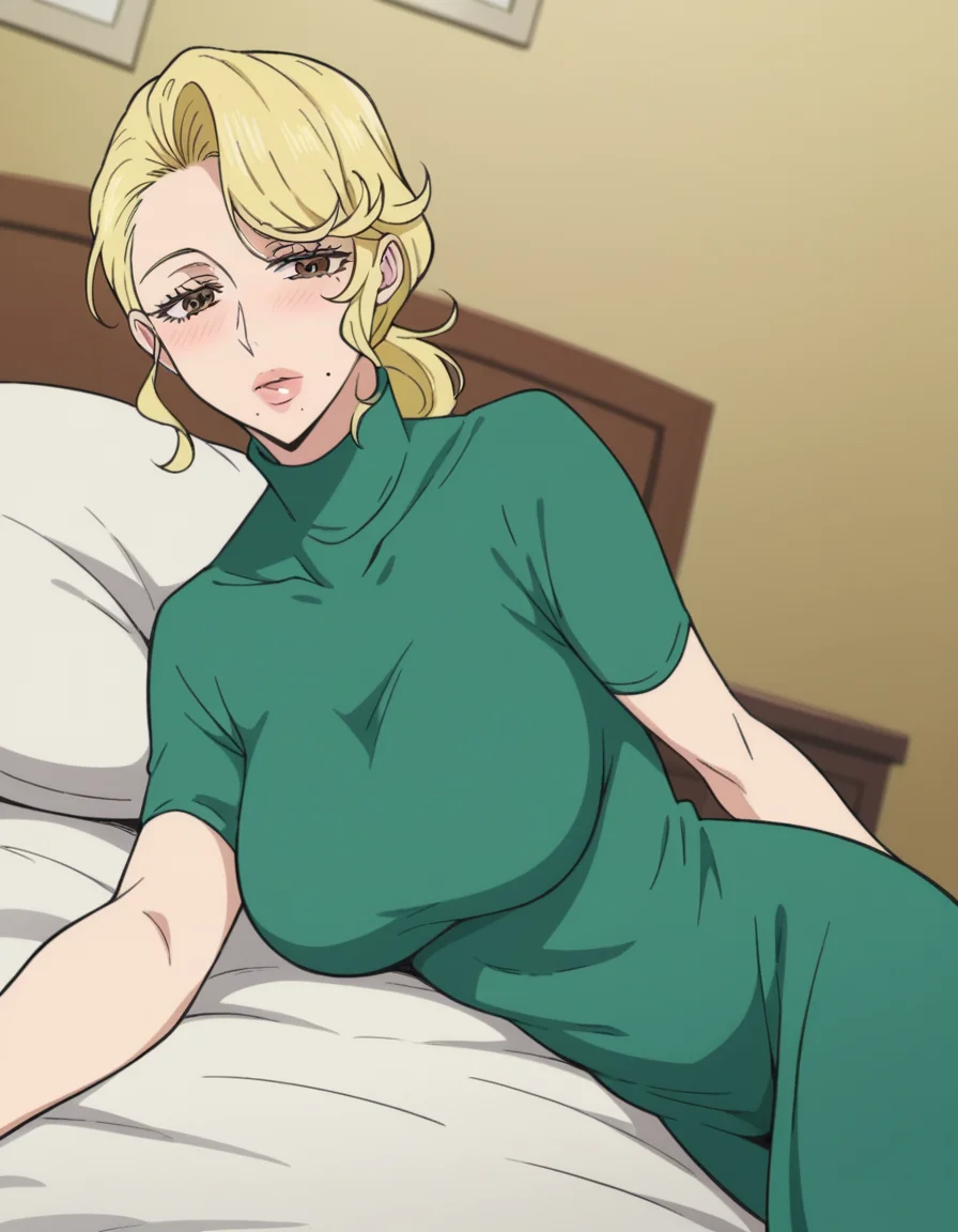 score_9, score_8_up, score_7_up, source_anime, <lora:marisa-hyoudou-s1-ponyxl-lora-nochekaiser:1>, marisa hyoudou, blonde hair, large breasts, brown eyes, mole, mature female, mole under mouth,, dress, ponytail, short sleeves, green dress, turtleneck, low-tied ponytail,, indoors, bed, bed room, on side, blush, drunk, looking at viewer, solo,, cowboy shot, dutch angle