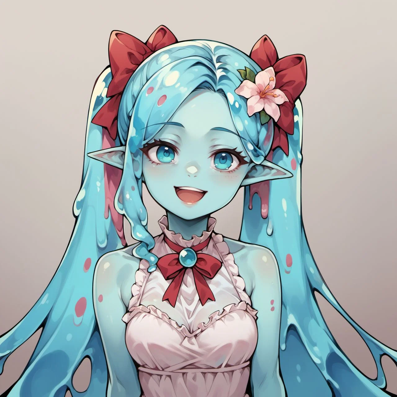 score_9, score_8_up, score_7_up, score_6_up, mincho,
blue skin, colored skin, liquid hair, pointy ears, long hair, pink hair, blue eyes, 1girl, cyan eyes, dress, solo, bow, smile, hair bow, flower, open mouth,
<lora:mincho_race_v1-000007:0.9>,