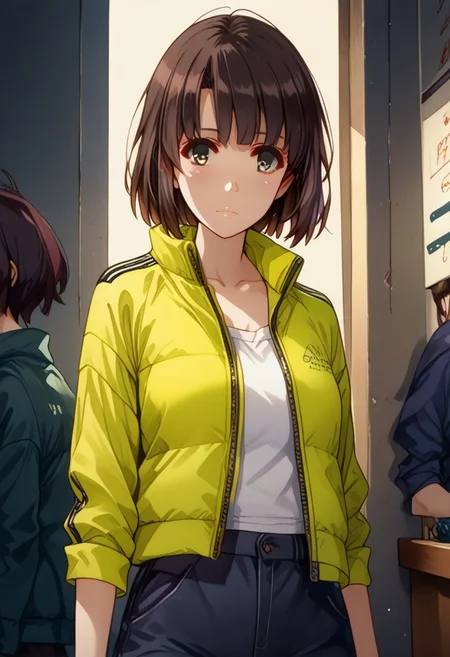 source_cartoon, score_9, score_8_up, score_7_up, solo focus, Expressiveh, watercolor \(medium\), traditional media, down jacket, 1girl is megumi katou, brown hair, short hair, brown eyes, perfect face, beautiful face, face focus, ((The down jacket zipped up to the neck)), and a small, embroidered yellow Adidas logo on the left chest. The down jacket has a quilted texture with visible seams. The megumi katou hands are large and gloved, with thick, padded fingers and palms, indicating a robust, protective design. It wears black pants with a similar padded texture. The megumi katou feet feature futuristic, yellow neon sneakers with a small touch of yellow neon lines. The overall aesthetic is a blend of cyberpunk and high-tech fashion, down jacket