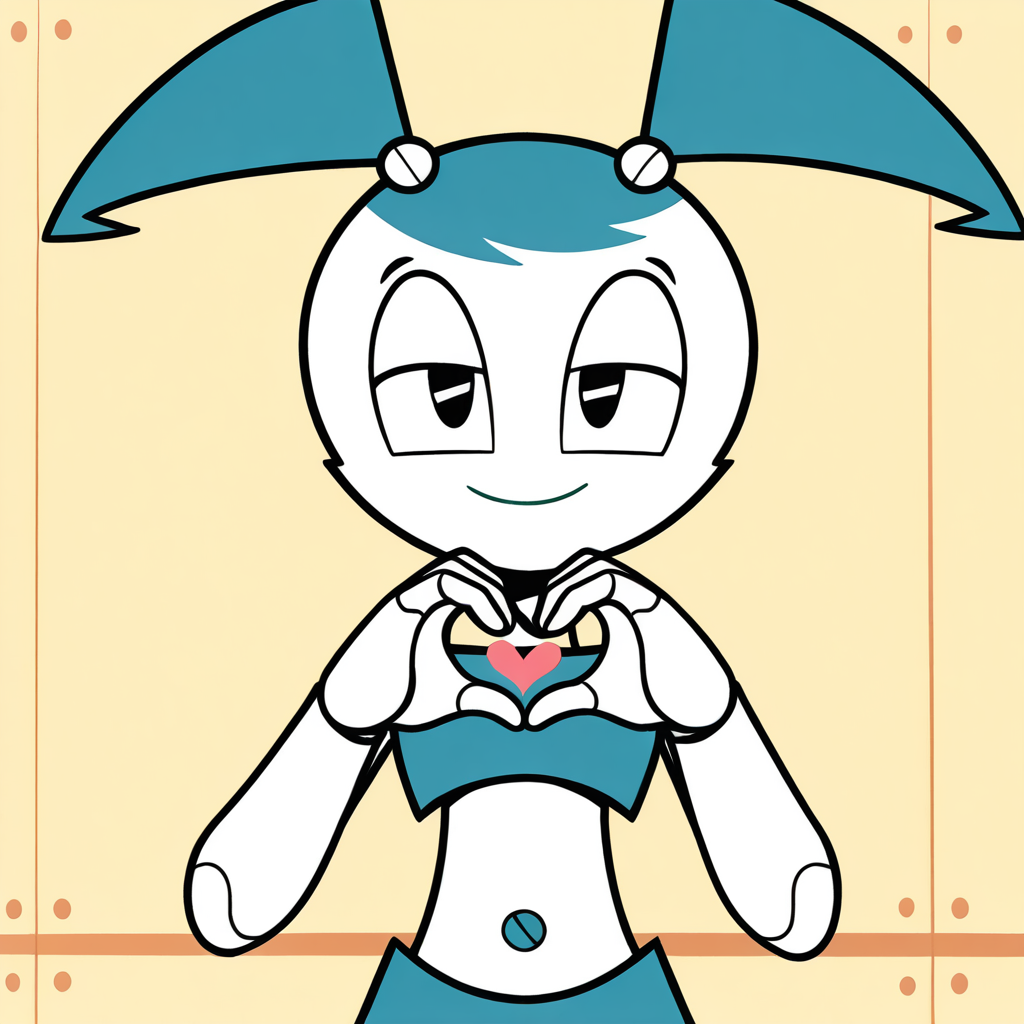 (masterpiece), (best quality), absurdres, intricate details, highres, <lora:XJ9_ILLUS_2:1> , xj1, 1girl, twintails, jenny wakeman, robot,  robot, android, robot joints,  crop top, skirt, looking at viewer, black eyes, smile, no nose, heart hand, half-closed eyes, looking at viewer, smile