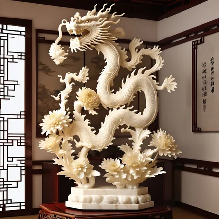 alabaster stone sculpture, artistic, chinese, masterpiece, chinese dragon lighting, chrysanthemum around, intricate shapes, in an elegant Chinese room