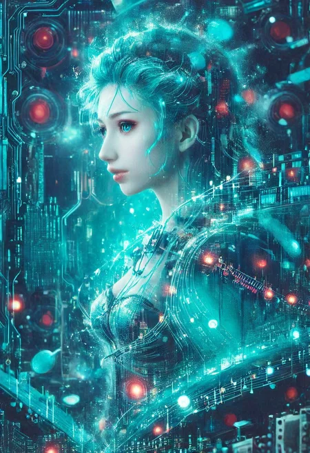 double exposure of opera diva Hatsune Miku with long floating aqua twintails singing high note merging with a printed circuit board of Yamaha electronics chip processor, <lora:DoubleExposure:1>, (head:1.8), <lora:The Phantom of the Opera style:1.5> The Phantom of the Opera style, <lora:loraeyesxl:0.4>