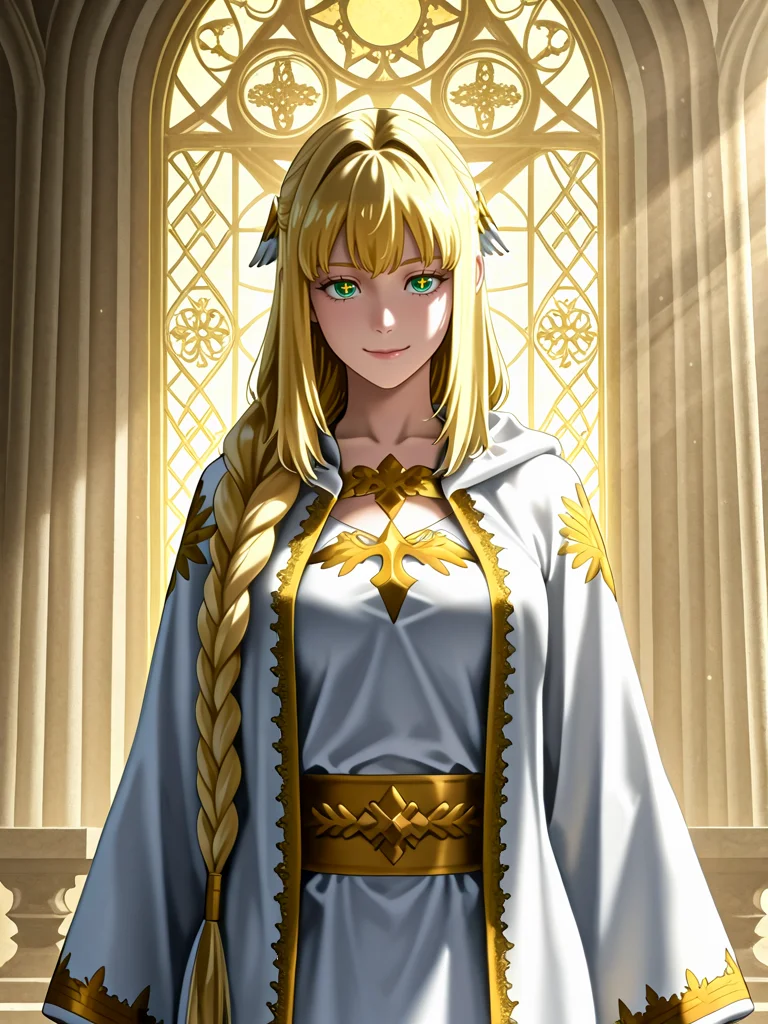 masterpiece,high quality,highres,absurdres,(<lora:Dolores Quovadis22:1>,1 girl,solo,long hair straight hair,blonde hair,thick braid,long braid,straight fringe,wing hair ornament,green eyes,cross pupils || Dolores_Quovadis_ceremonial,white ceremonial dress,long robe,gold embroidery,golden trim,wide sleeves,high waist sash),seductive smile,cute face,
light rays through celestial clouds over a sacred temple, a goddess-like figure descending.,
<lora:Half_Art_Style_IL:1>,
