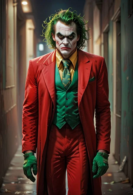 score_9, score_8_up, score_7_up, score_6_up, hand,
hand, 1boy, The Joker, standing, looking to viewer, pout, green messy hair, pout, red formal suit, red jacket, red pants, green necktie, green gloves, yellow vest, holding leather belt