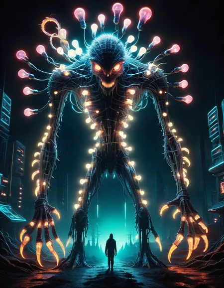 horror, sci-fi, and monster theme, chilling atmosphere with futuristic elements, monstrous creatures lurking in the neon-lit shadows, eerie sci-fi landscapes, glowing patterns adding an unsettling touch, digital art, high-energy atmosphere, intricate details, diverse neon hues, electrifying visuals, intense contrasts, spine-chilling scenes, high-resolution quality <lora:ral-lgtblb-sdxl:1> ral-lgtblb