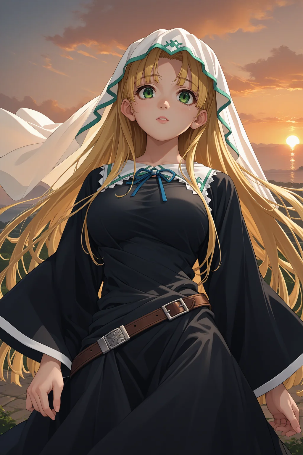 score_9, score_8_up, score_7_up, score_6_up, source_anime, 1girl, solo, <lora:asiaargento-pdxl-nvwls-v1-000005:1> dxdaa, blonde hair, very long hair, green eyes, white veil, black dress, belt, long sleeves, big breasts, open arms, looking at you, sunset, horizon, upper body