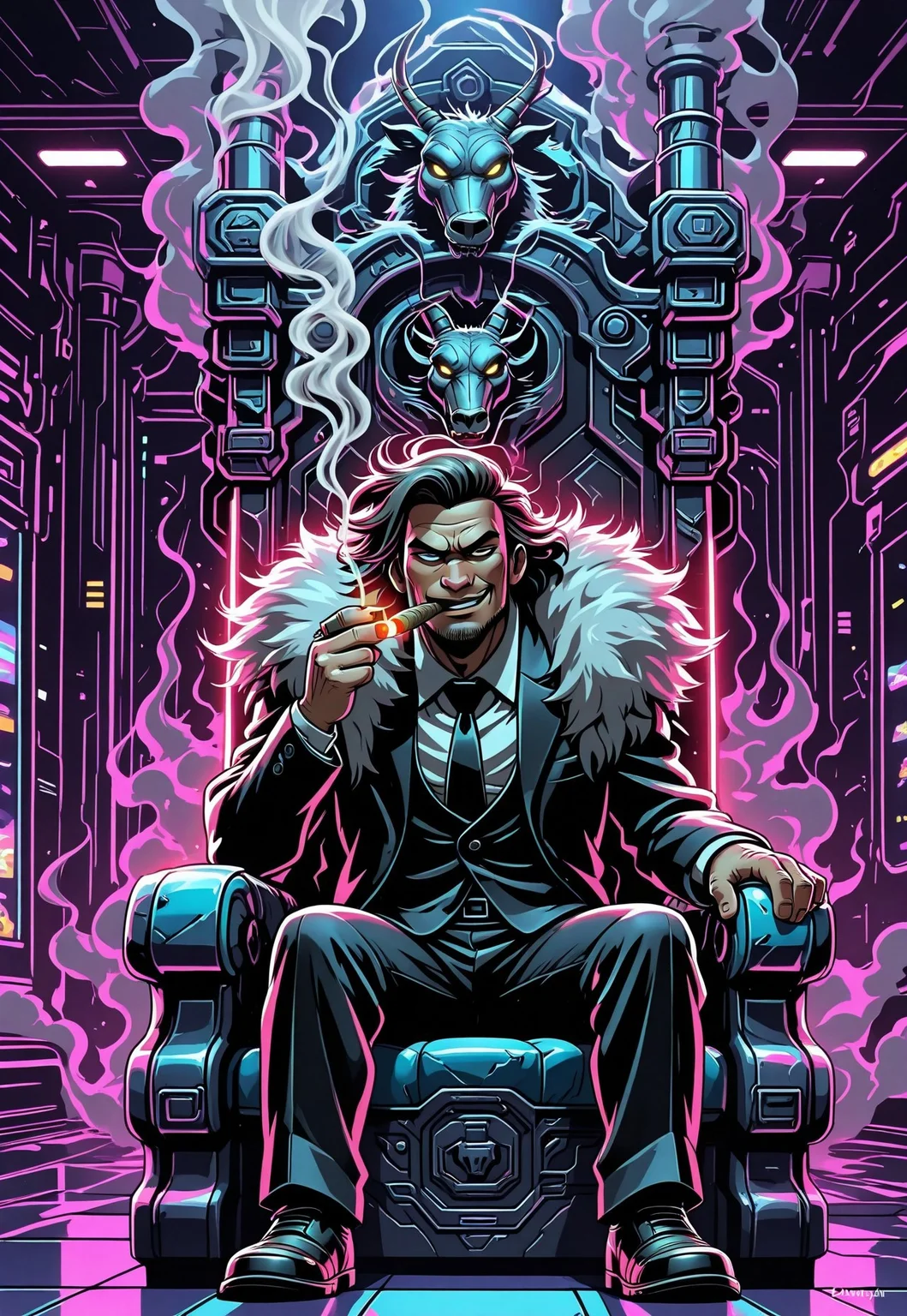 masterpiece, best quality, absurdres, 1 handsome manly man, evil smirk, cigar, smoking cigar, smoke, sit on the throne, fur cowt, black suit, in arcade_style, highly detailed, neon colors, glowing outlines, stylized lighting, retro 80s palette, vibrant background, cinematic, digital art, concept art, Arcade_Style, arcade_vibe, arcadiaFX, neon_arcadia
