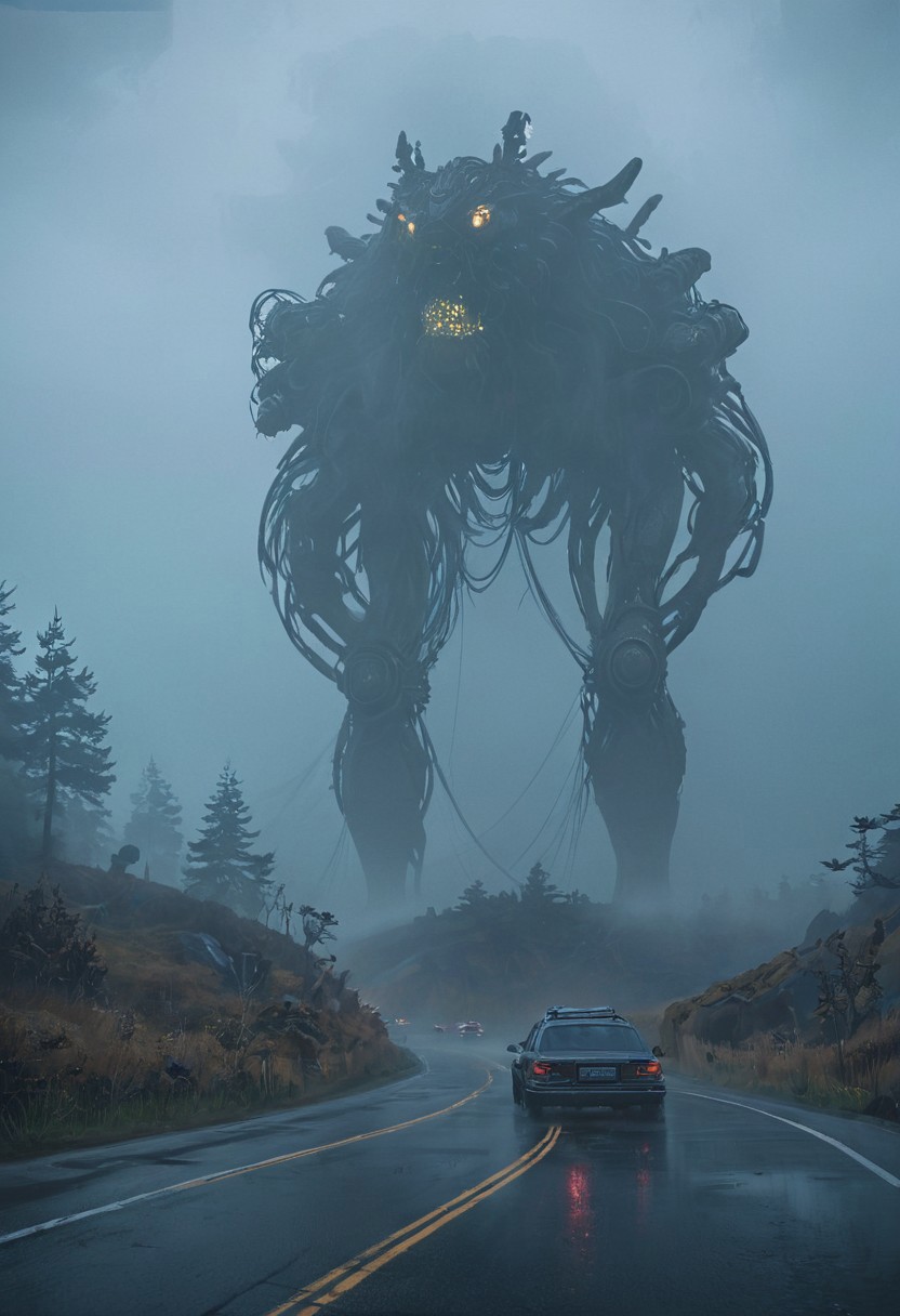 by Peter gric, H.R Giger, by Florent Desailly, ((the electric state by Simon Stalenhag)),
horror, post-apocalyptic, futuristic, (HD, photorealistic, dramatic lighting, intricate details, biomechanical patterns, powerful, cinematic, masterpiece),
disturbing road trip, deep fog, light rain, overcast sky, mysterious creatures in the fog, large behemoth monsters in the fog, car driving through a post-apocalyptic mountain road