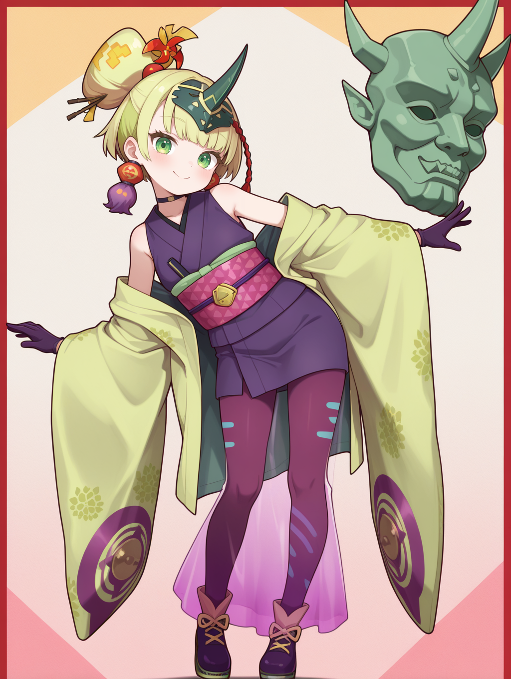no-p.u.n.k. deer note,1girl,solo,smile,purple gloves,looking at viewer,full body,black gloves,bare shoulders,closed mouth,pink see-through long skirt,red hair ornament,purple tassel earrings,black choker,black horn headpiece,purple sleeveless kimono,pink sash,floating green oni mask,purple thighhighs,red border,hands_on_own_knees,head tilt,leaning to the side,:o,
masterpiece,best quality,amazing quality,very aesthetic,absurdres,newest,<lora:No-P.U.N.K. Deer Note illusXL v1:0.75>,