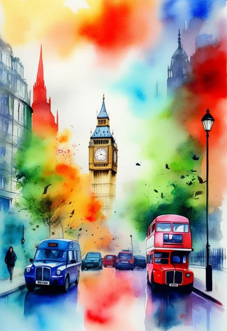 watercolor painting. watercolor background. London. Future. Nature. Fantasy. perfection style, vivid colors, colorful, vivid background, midjourneyv6.1,