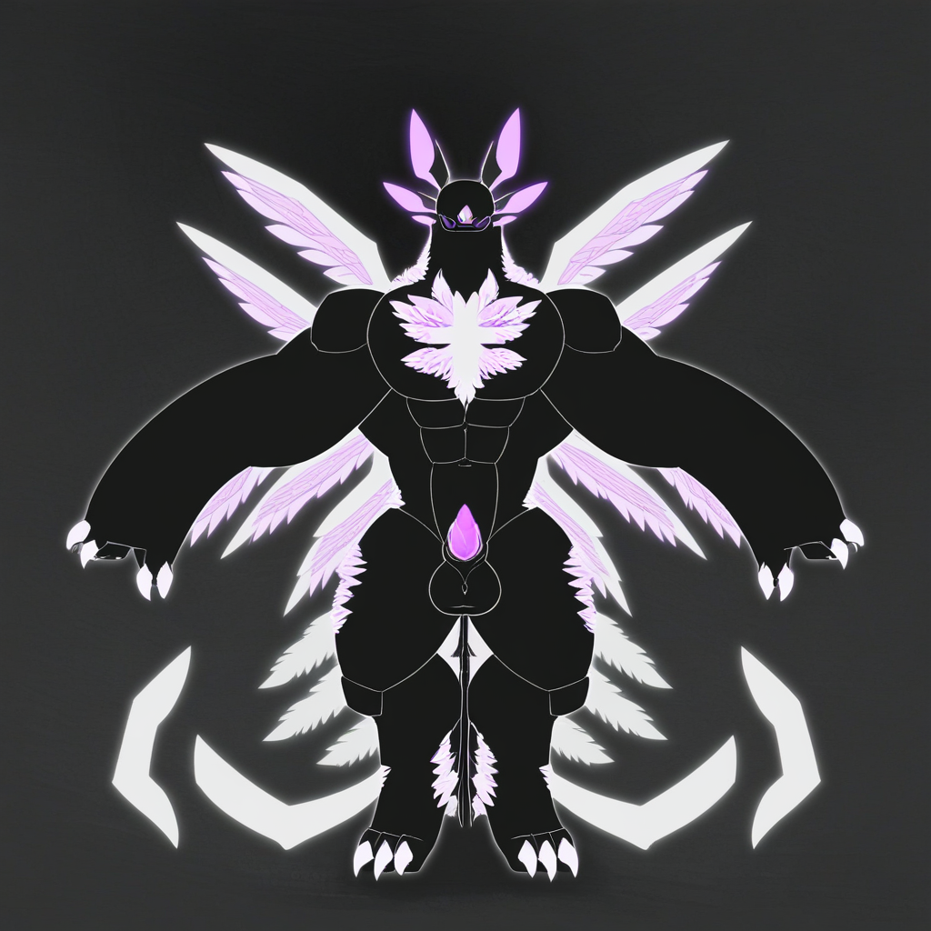claws, no humans, glowing, closed eyes, full body, balls, multiple wings, purple eyes, muscular, yellow theme,