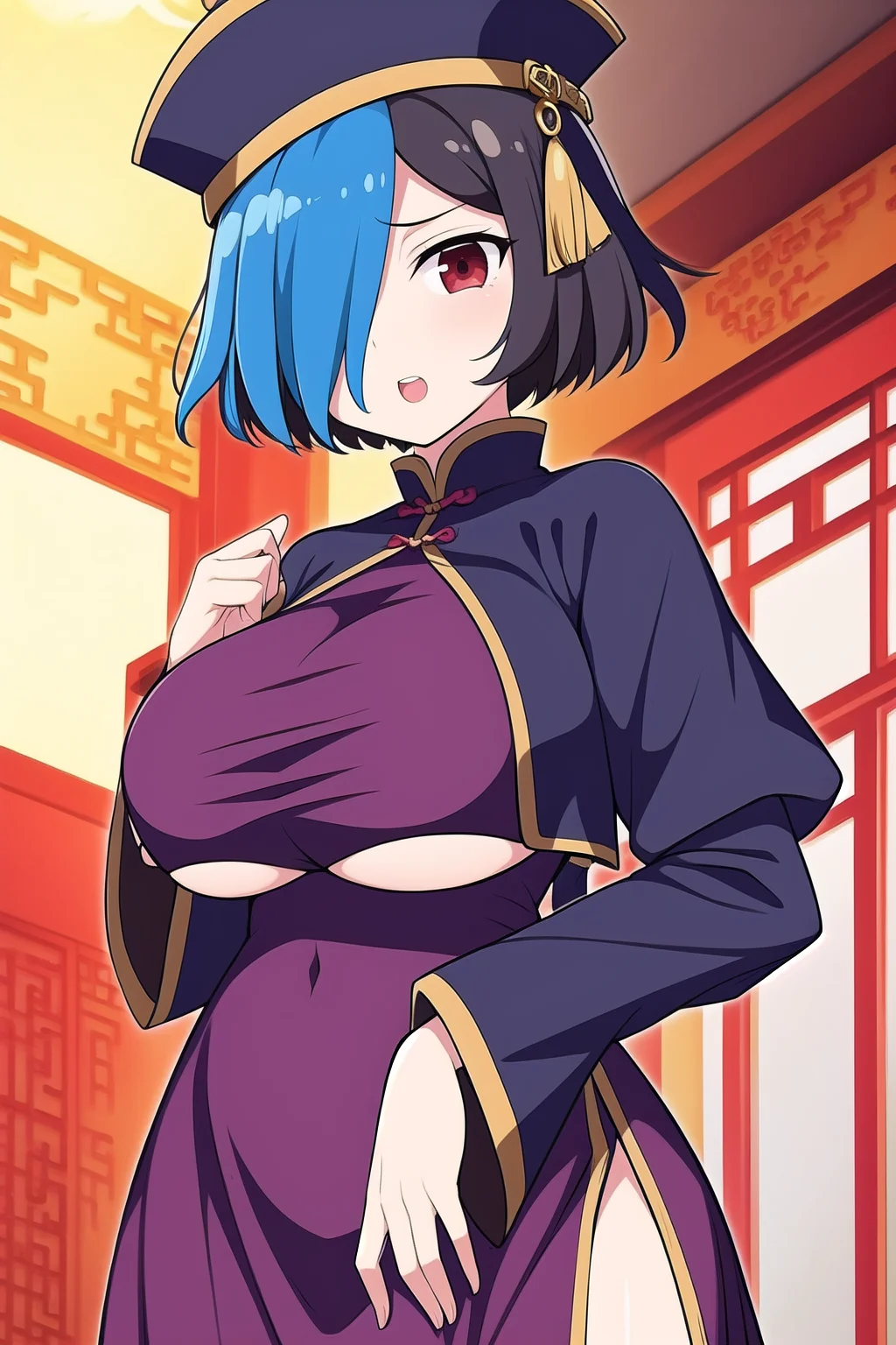 (masterpiece, best quality), highly detailed background, perfect lightingbest quality, sakyouSK, solo, indoors, zombie pose, jiangshi, qing guanmao, hat, black hair, two-tone hair, blue hair, short hair, hair over one eye, red eyes, large breasts, cleavage cutout, wide sleeves, long sleeves, <lora:GoodHands-vanilla:1>, chinese clothes, halloween costume, smile, open mouth, <lora:Sakyou_Senran-Kagura:0.7>