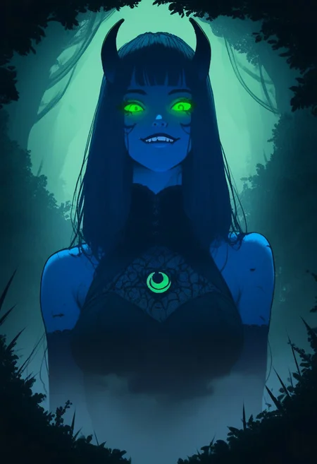 score_9, score_8_up, score_7_up, score_6_up, score_5_up, flat color, sinozick style, john kafka, (1girl, blue skin, seductress, succubus, naughty smile, green eyes, glowing eyes), succubus costume, (forest, giant, CR33P1NGF0G, fog)