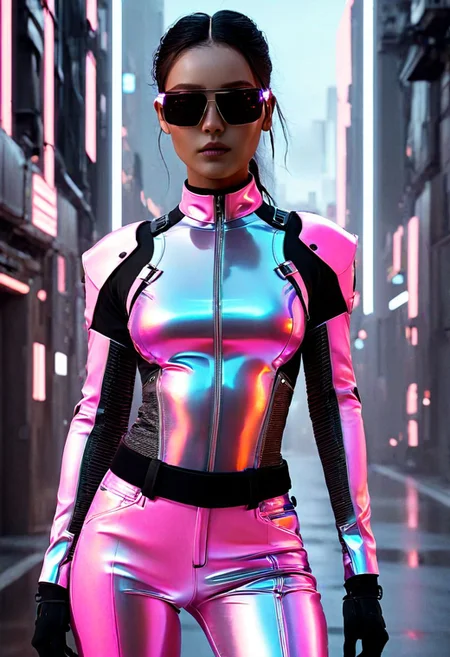score_9, score_8_up, score_7_up, raw,32K, UHDR, (ultra-quality:1.6),1girl, in Cyberpunk style, revealing and exposing clothes, cinematic, wearing lit fiber optics, oxigen-support-gadgets, strong parallel lines and nodes, extremely detailed cute face,
Tech-infused, advanced materials bound technology and design. stimuli reactive to color-changing , psicho texture-shifting. ,integrate neon lights for visual flair. sleek, angular shapes with sharp lines, including bodysuits and structured jackets. High-tech accessories are integral futuristic AR glasses, neural interfaces and cybernetic jewelry. cargo pants, utility belts, and harnesses for gadgets. Bold colors dominate, with vibrant neons and electric obsidian:0.9 or pink:0.6 contrasting against deep agate:0.9 or pure-snow-white:0.9. Dystopian influences inspire distressed fabrics, industrial hardware, and asymmetrical designs, reflecting the chaotic cyberpunk ethos. glowing boots