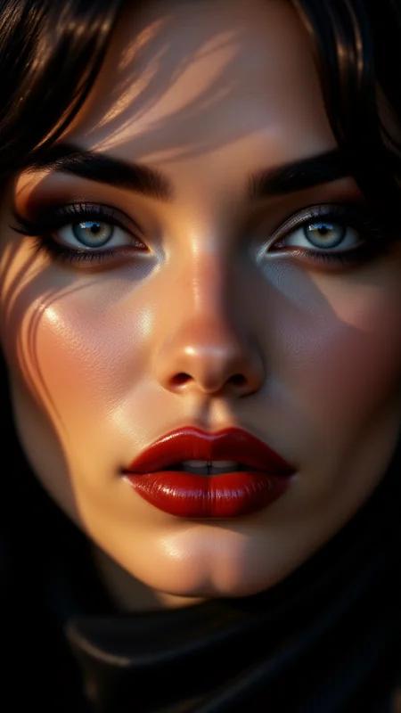 An extreme close-up of a supermodelâs glossy lips and intense eye makeup. Her lips are coated in a high-shine gloss that reflects the light perfectly, and her eyes are accentuated with smoky, dramatic eyeliner. The lighting emphasizes the glossiness, while her piercing gaze adds a sense of bold confidence, perfect for a high-fashion editorial look,<lora:BetterPortraits:0.7>, jedjv1, <lora:JedJourney_epoch_7:0.3>