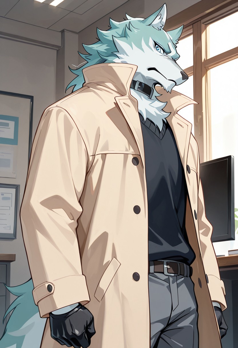 masterpiece, best quality, amazing quality, very aesthetic, absurdres, newest,  high quality, detailed, male, solo male, Shirou Ogami, 1boy, mature male, male, athletic build, anthro, wolf, animal ears, white and teal fur, ice blue eyes, light tan trench coat, black sweater, black gloves, dark gray pants, black choker collar, half body, looking at viewer, stern expression, indoors, office, volumetric lighting