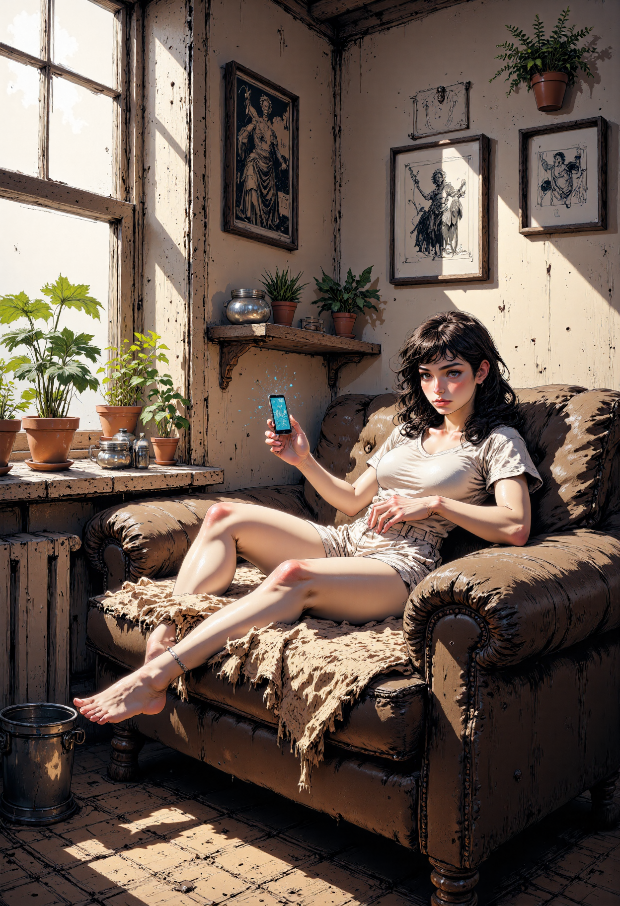 MysticComic, A young woman, lying on a couch in a cozy, slightly cluttered room.  She's looking down, surprised, holding a phone.  The couch and walls have a muted, warm palette;  browns, grays, and muted pinks.  The room is sunny with a window visible, showing a light, pastel background. Various plants, including potted ones, sit on windowsills and furniture.  A small portable fan is visible, blowing on a faint, ghostly wispy shape of a cat, evoking a sense of warmth and relaxation, with a slight surreal aspect, likely digital painting style, not hyperrealistic; more impressionistic, watercolor like, or soft digital painting.  A tray with food, drinks, and other small items sits on a small table. The clothing is simple, including a light colored t-shirt and shorts, contributing to the relaxed feel of the scene.  There's a patterned blanket on the couch, and some other small details like jars, headphones, and a small shelf with household items.  Include soft lighting, and shadows to suggest the sun illuminating the room.  Elements that are faintly visible or transparent, like the ghost of a cat, should be noticeable and slightly blurred.  Focus on showing the whimsical and relaxed mood of the scene with light and color, hinting at a homey, slightly whimsical vibe.<lora:CustomFlux/MysticComic-v2.safetensors:1.0:1.0>