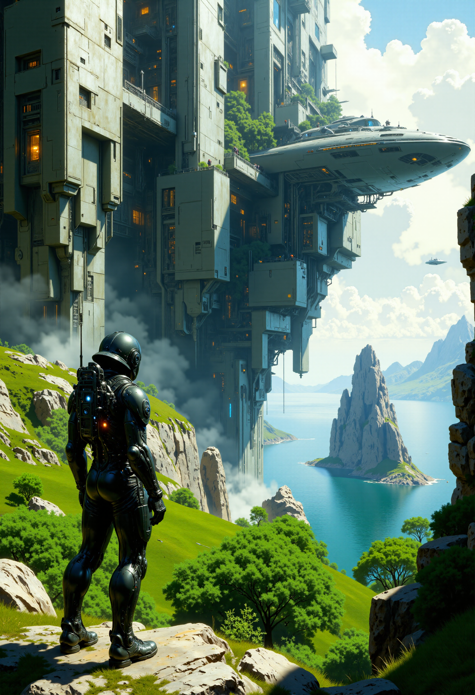 highest details, ultra hyper realism. highly detailed and realistic. intricate and highly professional artwork, an absolute masterpiece.
This is a highly detailed, high-quality digital painting by artist Tika-Girls, featuring a futuristic, sci-fi landscape. The central figure is a lone, armored astronaut standing on a rocky outcrop, gazing at an enormous, towering cityscape composed of interconnected, towering structures that resemble a mix of skyscrapers and medieval fortresses. The city is bathed in soft, natural daylight, casting long shadows and highlighting the intricate details of the architecture. The astronaut wears a full-body suit with a helmet, equipped with various tools and gadgets, and appears to be made of a metallic, futuristic material. The background includes lush greenery and a vast, blue ocean with distant islands, adding to the sense of scale and grandeur. The overall aesthetic quality of the image is very high, showcasing exceptional attention to detail, vibrant colors, and a dynamic composition that captures the viewer's imagination.
 <lora:artilands_v02_epoch_6:1>