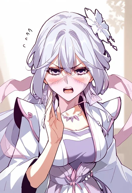 zPDXL3, score_9_up, score_8_up, score_7_up, (Anime_source), 1girl, whispering, hand up, blush, angry vein, sweatdrops, ChuQingCheng, lavender eyes, white hair, long hair, half updo, Qing clothes, veil mask, upper body, looking at viewer, open mouth