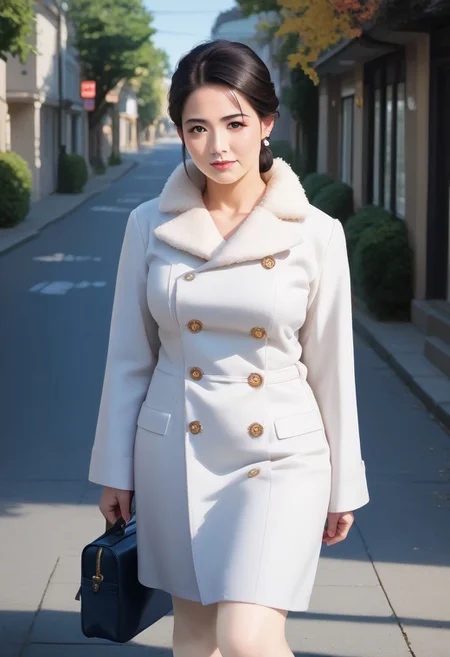 score_9, score_8_up, score_7_up, 35mm photography, highly detailed, sharp focus, source_anime, 1milf,mature  asia housewife, solo，(light blue long coat),Bare knees ,low updo, black hair,(beautiful face), beautiful eyes,eye-shadow,Long eyelashes， perfect cute face, plump face,Round cheeks, dignified，mild ，Long legged，sole，standing,  (satchel)， Street，tree，
