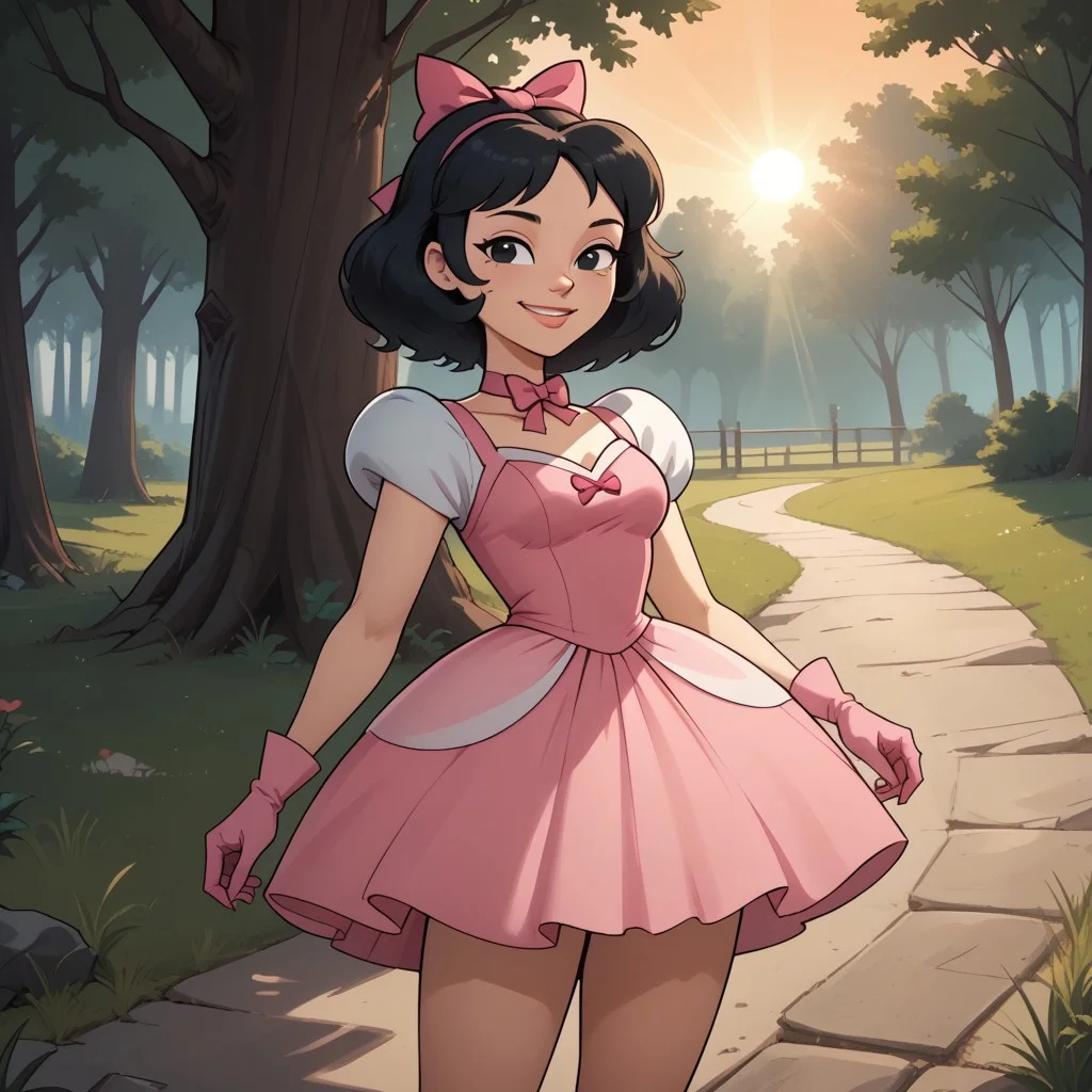 score_9, score_8, BREAK, solo, total drama, 1girl, black hair, white skin, pink hair bow, black eyes, lips, pointy nose, pink neck band, pink small dress, light pink gloves, bare legs, pink footwear, Ella_(\Total_Drama\), tdpi, cute, sexy pose, self portrait, smile, outdoors, sunlight, shadows, evening lighting, natural lighting, forest, trees, grass, orange sky, sunset