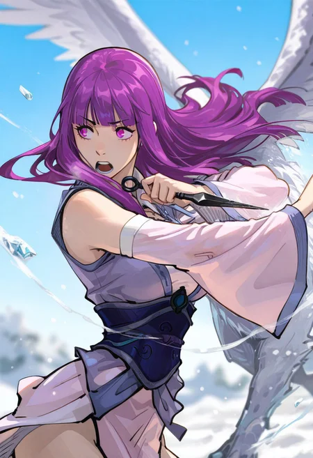 klskx ,
masterpiece, best quality, amazing quality,
yeziyun, 1girl, lavender eyes, purple hair, long hair, bangs, blunt bangs, breasts, slender, cute, detached sleeves, sash,,
blurry, blurry background, animal, blue sky, dancing, day, depth of field, dual wielding, ice phoenix, floating hair, winged ice phoenix, kunai, hand kunai, holding, holding kunai, windkinesis, outstretched arm, oversized animal, sideways glance, sky, solo, upper body, snow wind, wide sleeves, wind, snow, perfect eyes, looking away, yelling,