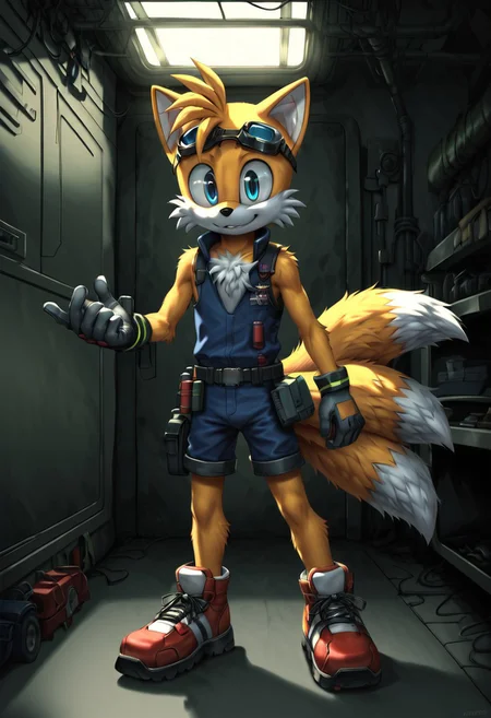 zPDXL3,RE_Engine,score_9_up,score_8_up,score_7_up,detailed,(best quality:1.2),digital media \(artwork\), BREAK, solo,best quality, 1boy, solo male, furry, TailsXL, Tails (sonic the hedgehpg series), blue eyes, gloves, 1boy, bangs, yellow body, yellow fur, blue eyes, dipstick tail, fox, fox ears, fox tail, two tails:1.5,
mechanic uniform, goggles, eyewear on head, repairing aircraft, garage, cyberpunk setting, dynamic lighting, full body