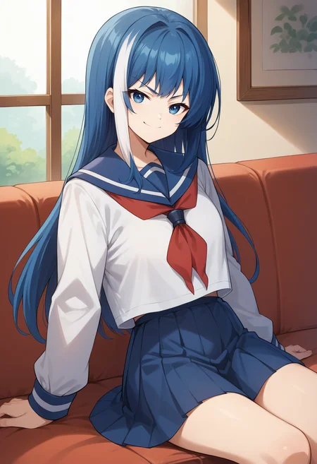 score_9, score_8_up, source_anime, 1girl, solo, MutsumiYozakura, long hair, streaked hair, serafuku, white shirt, red neckerchief, long sleeves, blue skirt, indoors, sitting, on couch, smirk, <lora:ChamMutsumiYozakuraPonyXL:1>