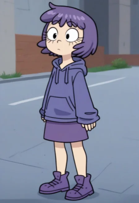 Sh4ri_WYSD, 1 girl, solo, short hair, purple hair, long eyelashes, purple hoodie, purple skirt, purple shoes,