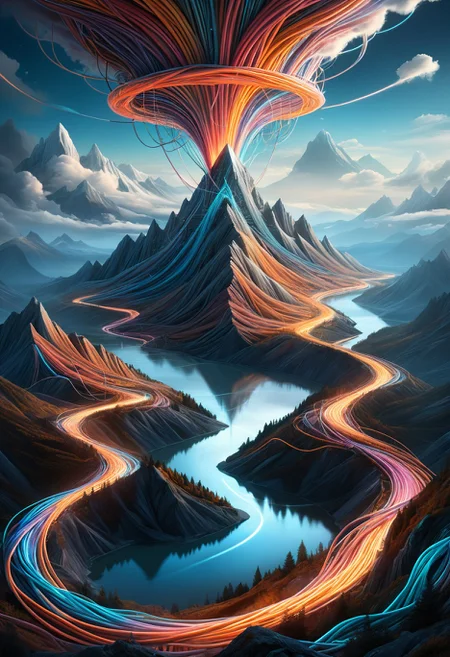 Surreal wide-angle scene of a dreamlike mountain range where peaks morph into braided mad-cable structures, rivers of glowing fiber-optics flowing through valleys, skies threaded with translucent floating conduits, a lone traveler standing on a hill holding a staff that is spliced into the landscape’s cable grid, blending natural beauty and futuristic abstraction, hints of Escher and Giger in visual geometry, painted lighting, hyperreal clouds, surreal-fantasy atmosphere
<lora:add-detail-xl:0.5>, <lora:Cables_SDXL:0.8>