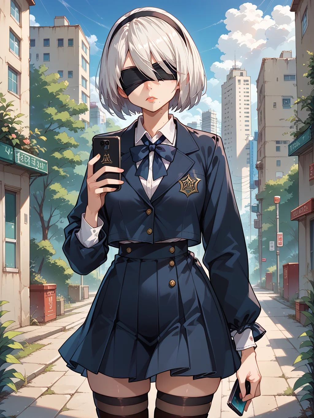 score_9, score_8_up, score_7_up,source_anime,BREAK,
yorha_2b, black thighhighs, mole under mouth, black blindfold, expressionless,
school uniform, holding phone, looking at phone,
<lora:yorha_2b:1>