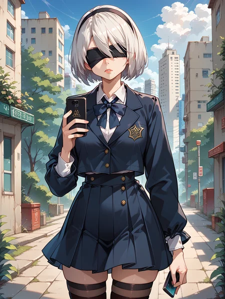 score_9, score_8_up, score_7_up,source_anime,BREAK,
yorha_2b, black thighhighs, mole under mouth, black blindfold, expressionless,
school uniform, holding phone, looking at phone,
<lora:yorha_2b:1>