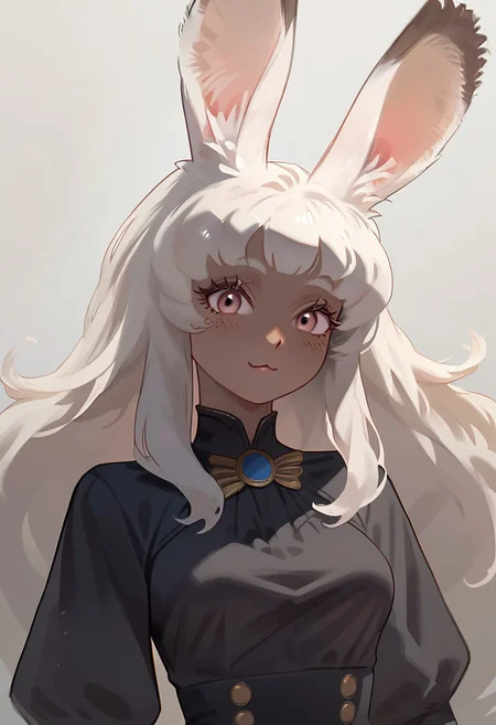 score_9, score_8_up, score_7_up, 1girl, viera, brown skin, bunny ears, cute face, slender, medium breasts, medium length white hair, wearing stylish black outfit, BKSTL