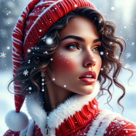 Contrail, mosaic, Fantasy realism, Storybook Illustration, double exposure, delicate detailed inspired by [Artgerm, Brian M  Viveros, Esao Andrews], red | white stripes, sharp focus, triadic colors, gorgeous african american girl, dark black curly hair, peachy lips, snow suit, red santa hat, small snowflakes , dynamic pose, luminism, magic light rings, bioluminescence, 32k