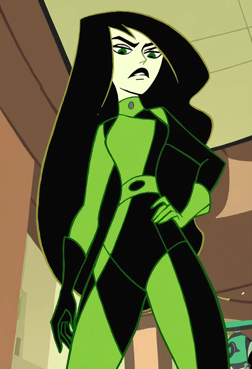 <lora:ShegoPony1.0:1>shego, 1girl, solo, long hair, black lips, black hair, green eyes, green bodysuit, green gloves, very long hair,, looking at viewer, hand on own hip, cowboy shot,from below, score_9, score_8_up, score_7_up, score_6_up, score_5_up, score_4_up