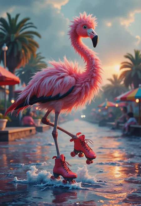 A wild, roller-skating flamingo with a head of neon-pink crazy fluff feathers that bounce dramatically as it skates down a boardwalk made of melted rainbow sherbet. Every time it jumps and spins, the flamingo releases bursts of sparkling crazy fluff fireworks that light up the sky with silly, swirling patterns that make everyone smile.
