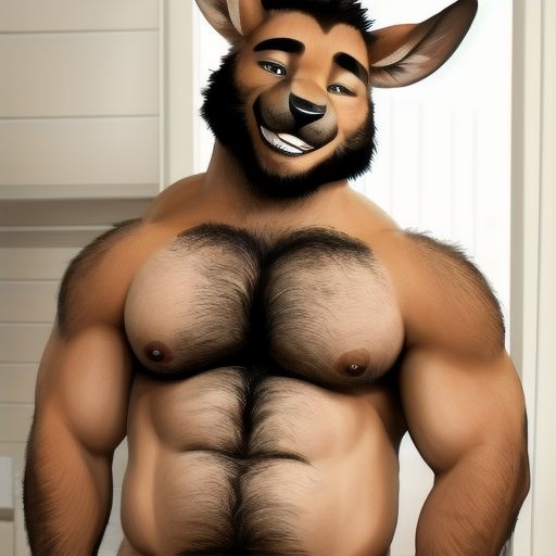 solo, male, furry, kangaroo, 1boy, adult, daddy, hairy chest, shirtless, waist up view, nipples, beard, short hair, smile, wink, rubbing stomach, chest hair, stomach hair, arm hair, pubic hair, high quality,