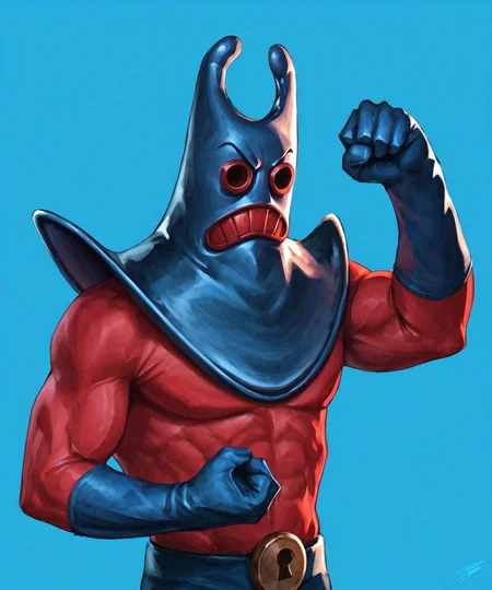 1boy, m4nr4y, solo, male focus, red bodysuit, blue gloves, mask, muscular, upper body, flexing, (high quality, realistic, 2.5d, subsurface scattering), blue background <lora:manraypony:1>, BREAK score_9_up, score_8_up, score_7_up, score_6_up, score_5_up