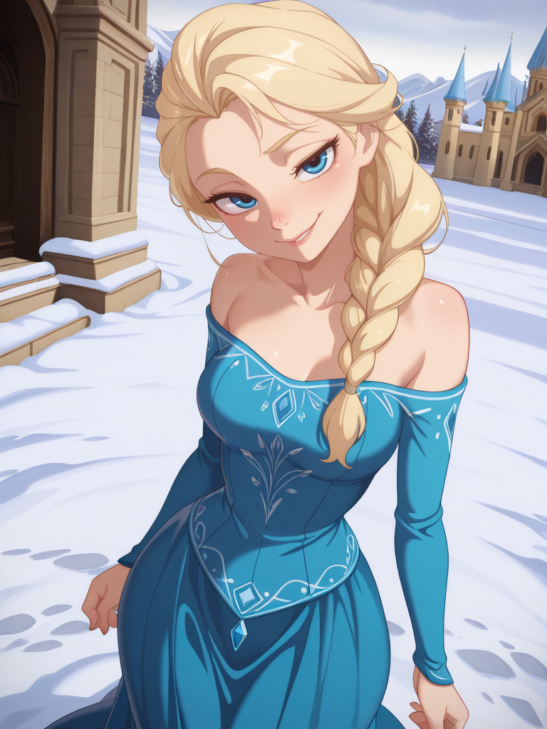highres, hi res, best quality, masterpiece, intricate details, absurdres, 4k,, Theobrobine, anime coloring, anime screencap,,
1girl, medium breasts, narrow waist, wide hips, (ElsaXL:1.1), blonde hair, blue eyes, single braid, hair over shoulder, blue dress, bare shoulders, long sleeves, long skirt,
naughty face, dutch angle, naughty pose, looking at viewer, dynamic pose, cowboy shot, head tilt, from above, dutch angle, hands at side, snow, palace,
 <lora:ElsaXL_Character:0.75> <lora:Antifreeze_IllXL:0.4> <lora:Theobrobine:0.4> <lora:Eufoniuz_Anime_Screencap_Illustrious:0.8>