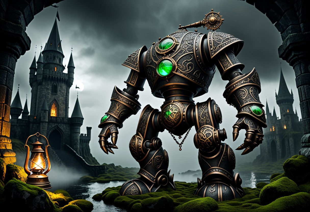 giant bipedal robot dirty dark silver and dark green, bronze paisley robot. lacy robot metal kettle head. outside of a steampunk keep. large detailed torso. dark image. one forty foot tall ancient robot with great arms and two heavy spring legs. dark foggy night background. $dark foggy night image only. dark photo realistic image. steampunk details. cogs, chains and pipes incorporated in the fantasy buildings. magic wizards tower in background. Dark swamp, moss, castle ruins, wizards tower. stormy dark night.  stormy sky.