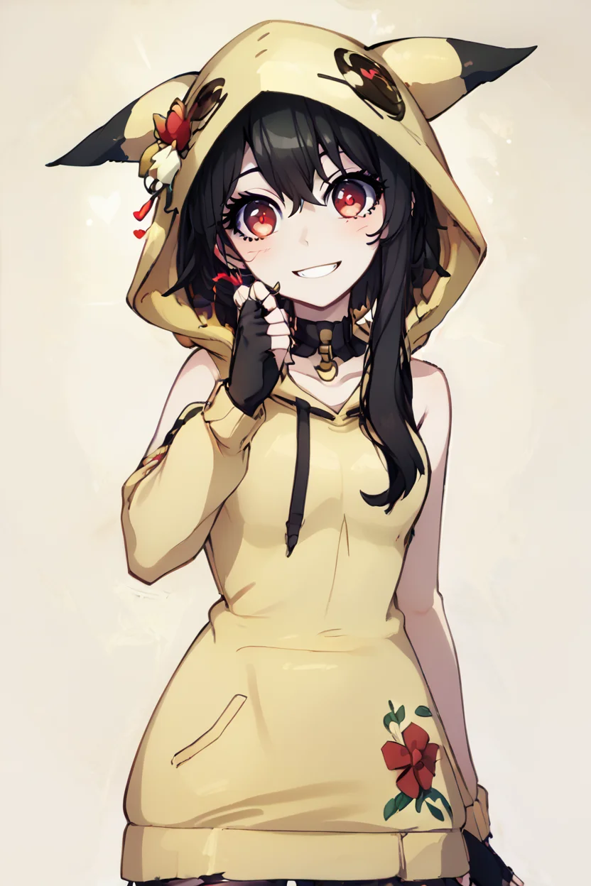 score_9, score_8_up, score_8, medium breasts, (curvy), cute, eyelashes, BREAK, , BREAK, YorForger, 1girl, black hair, red eyes, short hair with long locks, gold hairband, hair flower, black choker, black dress, sleeveless, off shoulder, floral print, fingerless gloves, <lora:YorForgerXLpony004:0.8>,, (zzMimikyuHoodie, hood, hood up, cosplay, mimikyu, hoodie), <lora:MimikyuHoodie_PDXL:0.8>, <lora:PrismaIllya_PDXL_v3:0.7>, , BREAK, smile, looking at viewer, cowboy shot, embedding:zPDXL, Expressiveh, <lora:SDXLFaeTastic2400:0.5>, <lora:Expressive_H-000001:0.4>,