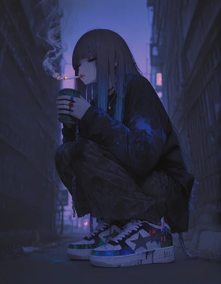 masterpiece, newest,absurdres, incredibly absurdres,<lora:748cm_illu-000011:1> 7481llu,<lora:b4pes4:1>,sneakers,surreal,  1girl, solo, shoes, long hair, jewelry, cigarette,closed eyes,  necklace, smoking,smoke,paint on clothes,multicolored paint,  long sleeves, bangs, holding, ring,pattern,glitch,sketch, squatting, smoke, night, chain, outdoors,black shirt,photo background, film grain, foreshortening, depth of field,