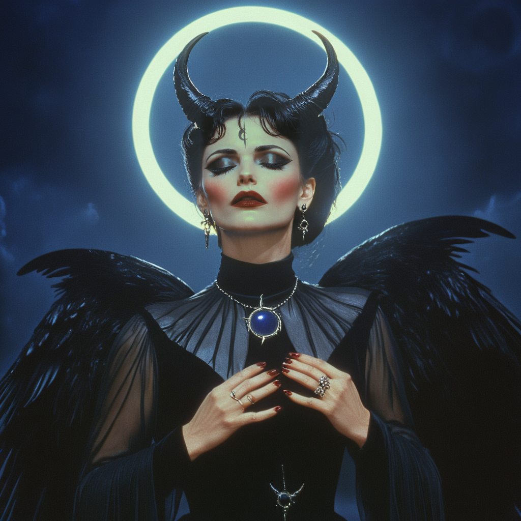 <lora:Mystic_Vogue_80s__Occult_PopSDXL:1> Mystic Vogue 80s Occult Pop, The image is a portrait of a woman with dark hair and makeup. She is wearing a black dress with a high neckline and long sleeves. Her hair is styled in a dramatic updo with large pointed horns on top. The horns are black and appear to be made of feathers. The woman's face is painted with dark red lipstick and her eyes are closed as if she is in a trance-like state. The background is a dark blue with a large glowing circle in the center. The overall mood of the image is dark and mysterious., 1girl, solo, jewelry, ring, head wings, moon, black hair, black dress, earrings, dress