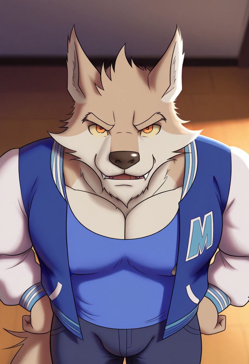 <lora:WyattBYH:1>, wyatt, wolf boy, wolf tail, orange eyes, yellow sclera, perfecteyes, furry male, furry, brown fur, muscular male, bara, athletic build, large pectorals, solo, 1boy, beautiful, hyper-detailed, highres, amazing quality, very aesthetic, depth of field, vibrant colors, high sharpness, soft shading, dynamic angle, cinematic lighting, detailed background, blue tank top, denim, letterman jacket, pectoral cleavage, open jacket, nipple slip, pants, from above, close up, face focus, portrait, smile, fangs