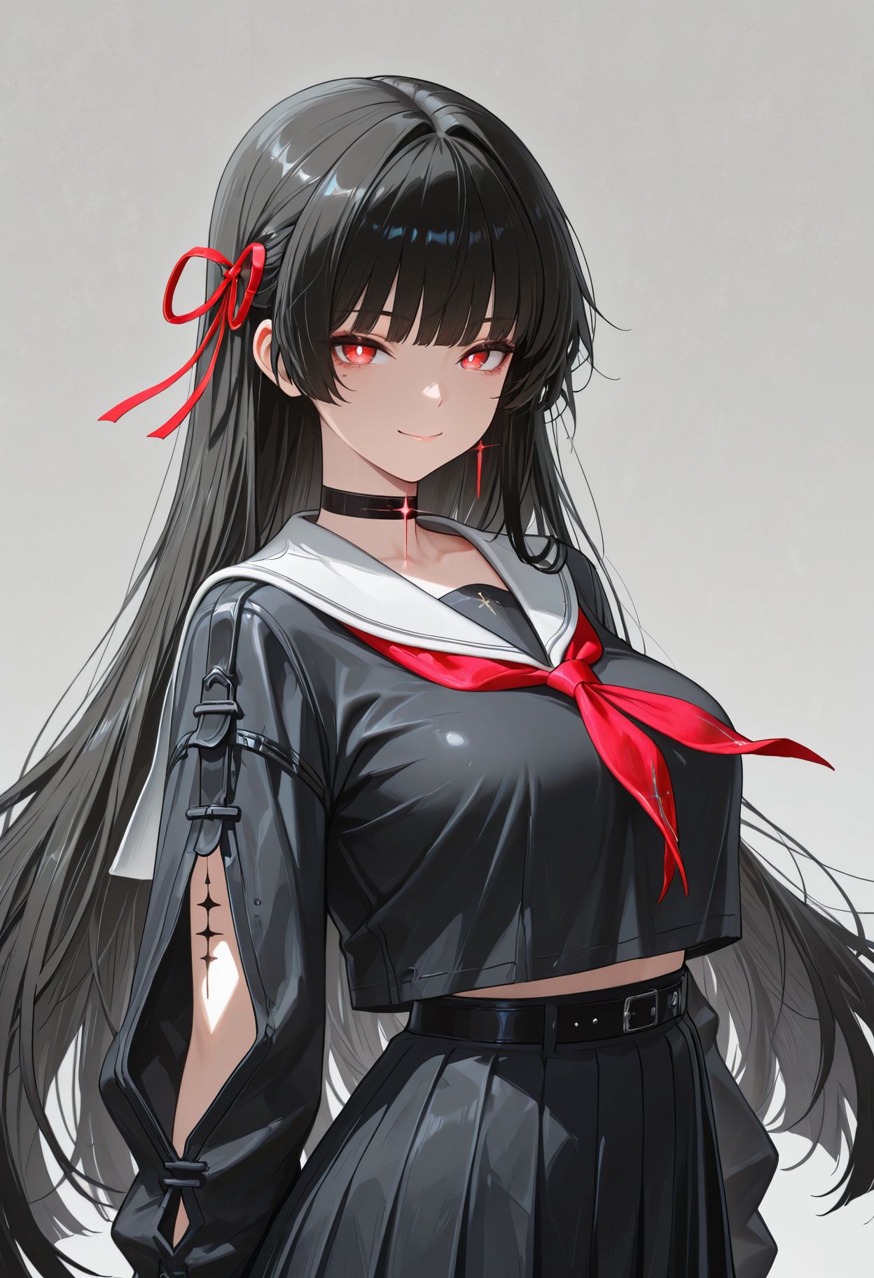 masterpiece,best quality,amazing quality, absurdres, <lora:chisa_wuwa_ilxl_goofy:1> chisaWuwa, 1girl, black hair, black shirt, black skirt, bright pupils, closed mouth, cowboy shot, grey background, hair ribbon, looking at viewer, neckerchief, red eyes, red neckerchief, red ribbon, ribbon, sailor collar, shirt, skirt, smile, solo, tacet mark \(wuthering waves\), white pupils, white sailor collar