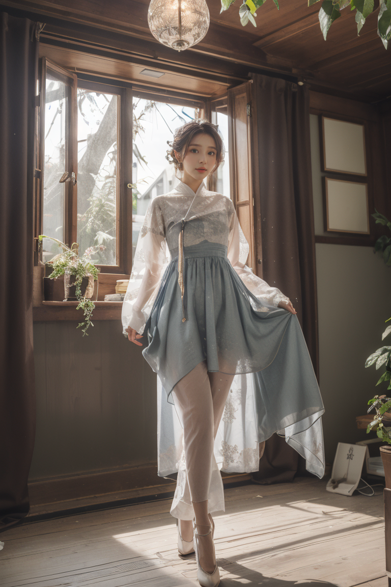 (masterpiece, best quality, 8k, RAW photo, beautiful and aesthetic:1.2), complex detail, Indirect light, photorealistic,
A neighbor's wife in bed room, (((woman:1.6))), (full body:1.3), Magical Forest Glade with Luminescent Butterflies and Whimsical Mushrooms,
 <lora:fusionhanbok:1> Fhanbok,