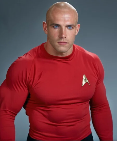 1boy, 20 year old male, Handsome, masculine, blonde, star trek, red shirt, muscle, tall, tight shirt, wide pectorals, big shoulders, wide shoulders, muscular neck, German, bald, big pale blue eyes, abs, biceps,
stunf, star trek uniform,