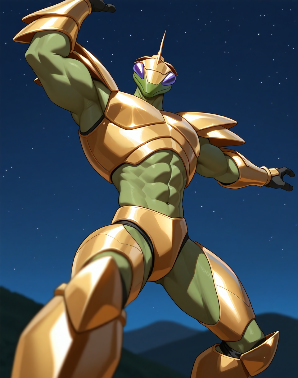<lora:Hyper_Katris_(Shinzo)_(Illustrious)_(AD):1> Hyper Katris, mantis, Shinzo, 
((
exterior, anime night sky, anime mountains, bent leg, cowboy shot, 
dynamic action, insect anthro, male focus, strong warrior, manly, bounty hunter, villain, glossy gold armor, green body, manly, masculine, glitter armor, handsome, dashing good looks, arm flex, 
)),
BREAK: very awe, aesthetically pleasing, masterpiece, best quality, amazing quality, very aesthetic, perfect depth of field shot, gradient coloring, subsurface reflections, source_furry, furry_art, 
masterpiece, best quality, amazing quality, very aesthetic, high resolution, ultra-detailed, absurdres, newest, scenery, {Prompt}, BREAK, detailed background, volumetric lighting,
BREAK: lazympos, lazypos (3),