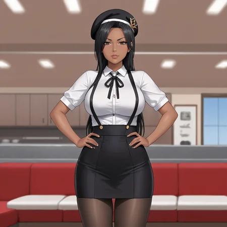 <lora:jademk9_pony_v1:.7>Jademk9, 1girl, solo, large breasts, long hair, dark skin, dark-skinned female,  black hair, hands on hips, cowboy shot,  <lora:0902 Home wear 5_v1_pony:1> ruanyi0902,beret,black ribbon,collared shirt,black pantyhose,high-waist skirt,white shirt,suspenders